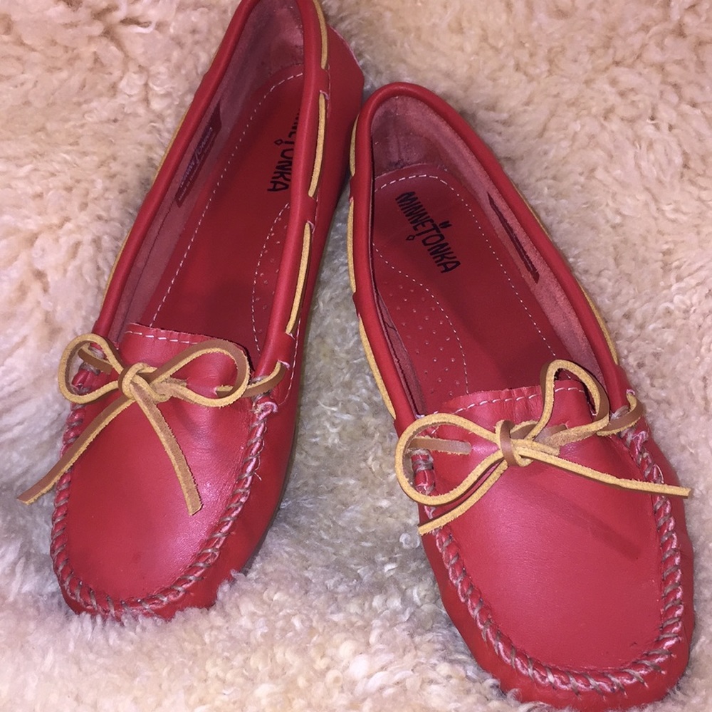 Minnetonka red leather moccasins